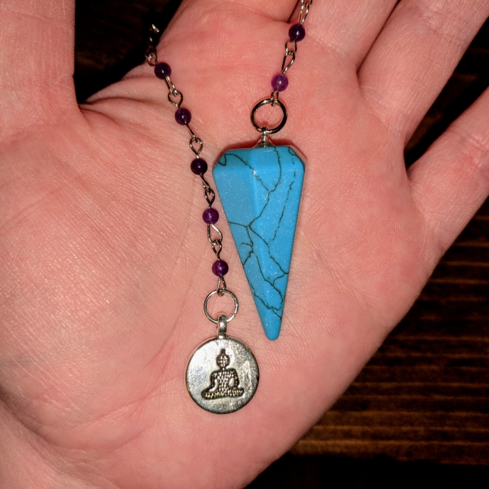 Turquoise Pendulum amethyst bead meditating Buddha